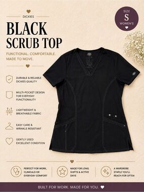 Dickies Black Scrub Top Women's Size S | V-Neck Uniform | Multi-Pocket